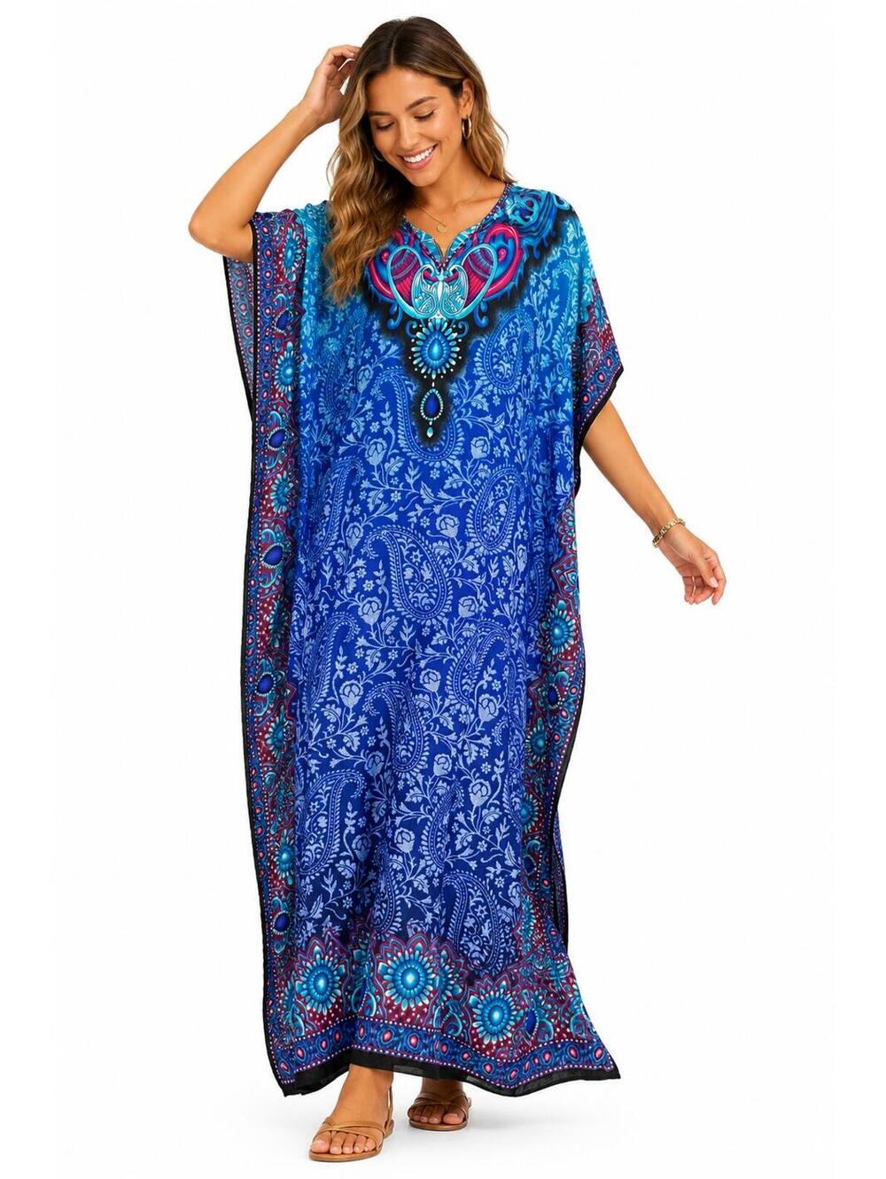 Miss Lavish Blue Paisley Butterfly Kaftan Maxi Dress Boho Resort Beach Cover Up